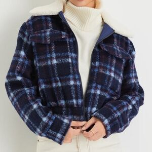 NWOT Lulus Navy Blue Plaid Faux Shearling Bomber Jacket